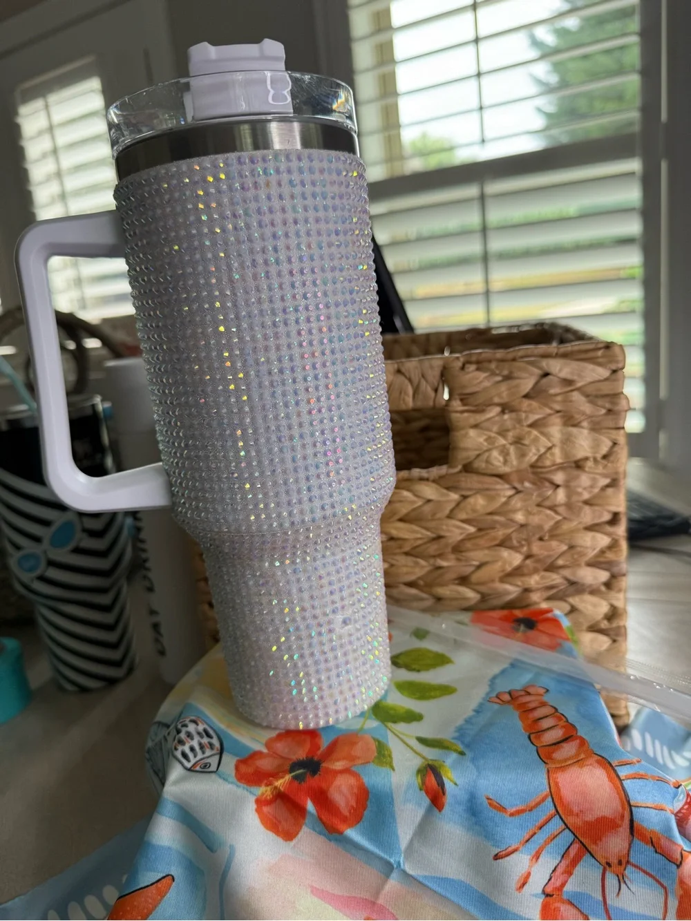 Iridescent Crystal Studded White Travel Tumbler with Handle